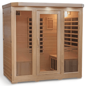 Three-person wooden sauna with glass doors.